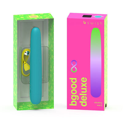 Teal sleek vibrator with yellow USB charging cable in green and pink Bgood Deluxe packaging.