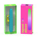 Teal sleek vibrator with yellow USB charging cable in green and pink Bgood Deluxe packaging.