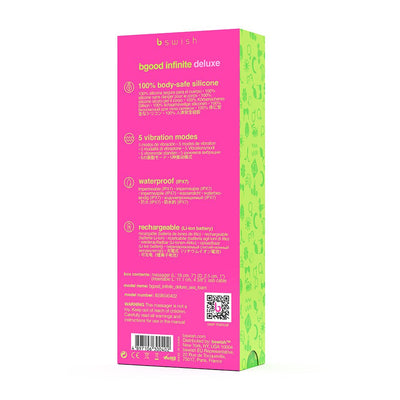 Bright pink and green packaging of B Swish Bgood Infinite Deluxe vibrator highlighting body-safe silicone, 5 vibration modes, waterproof and rechargeable features.