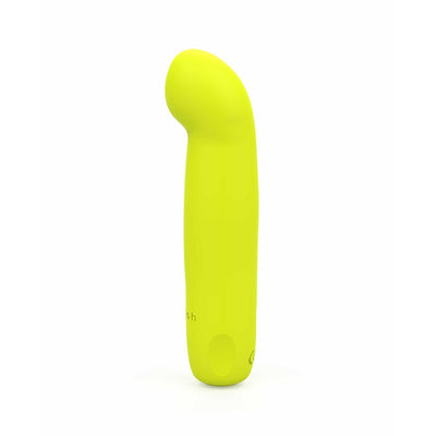 Bright yellow curved silicone g-spot stimulator with smooth finish and ergonomic design.