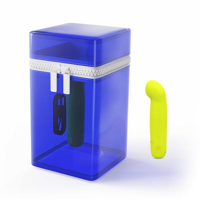 Bright yellow curved g-spot bullet vibrator next to a translucent blue storage case with white zipper closure.