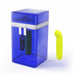 Bright yellow curved g-spot bullet vibrator next to a translucent blue storage case with white zipper closure.