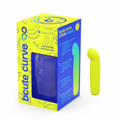 Bright yellow Bcute Curve Infinite Classic rechargeable vibrating bullet with curved tip and colorful packaging box.
