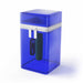 Blue translucent zippered storage case containing a compact personal massager and charging cable inside.