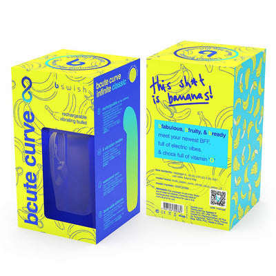 Bright yellow and blue packaging for Bcute Curve Infinite Classic rechargeable vibrating bullet with banana-themed design and product details.
