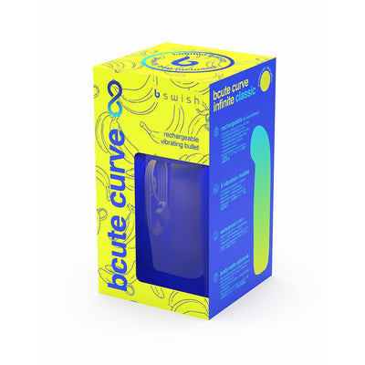 Bcute Curve Infinite Classic rechargeable vibrating bullet in yellow and blue packaging with banana illustrations and product details.