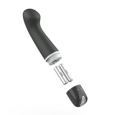 Black curved personal massager with removable cap and two AAA batteries shown separately on white background.