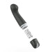 Black curved personal massager with removable cap and two AAA batteries shown separately on white background.