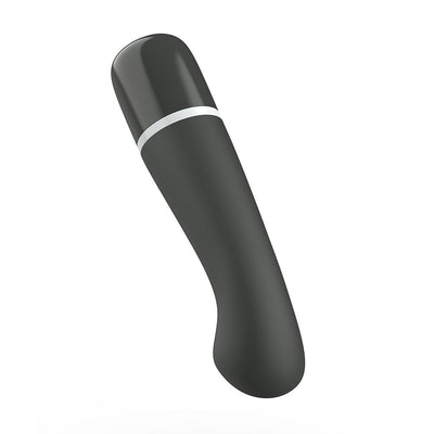 Sleek black curved personal massager with smooth silicone finish and silver accent ring.