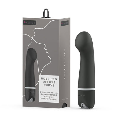 Black B Swish Bdesired Deluxe Curve personal massager with curved tip and packaging box shown side by side.