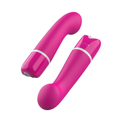 Pink curved personal massager with smooth silicone finish and sleek ergonomic design shown from two angles.