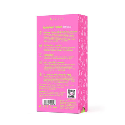 Pink packaging box of B Swish Bdesired Deluxe Curve personal massager with product details and features in yellow text.