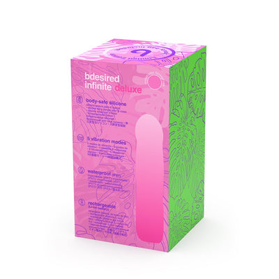 Packaging box of B Swish Bdesired Infinite Deluxe Limited Edition in flamingo pink and green with product features and silhouette.