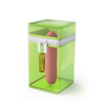 Pink silicone massager and yellow USB charging cable inside translucent green zippered storage pouch.