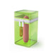 Pink silicone massager and yellow USB charging cable inside translucent green zippered storage pouch.