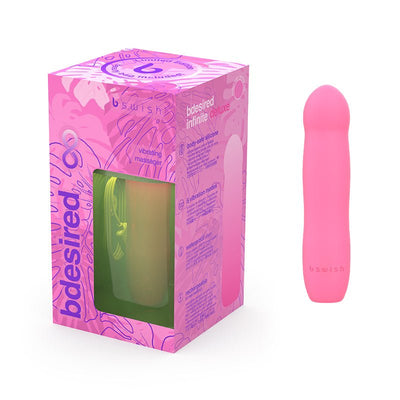 Pink B Swish Bdesired Infinite Deluxe Limited Edition vibrator with matching pink packaging box.