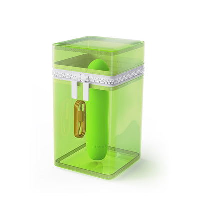 B Swish Bdesired Infinite Deluxe Limited Edition massager in green with USB charging cable inside translucent green zippered storage case.