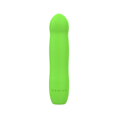 Bright green silicone personal massager with smooth curved design and bswish logo on white background.
