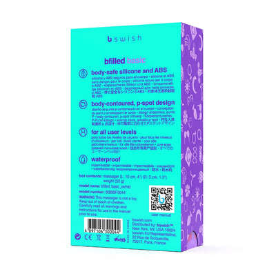 Packaging box of B Swish Bfilled Basic prostate stimulator with product details in multiple languages on a turquoise and purple background.