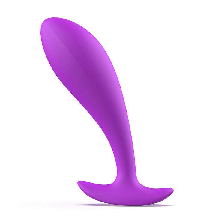Purple silicone prostate massager with tapered head and flared base for comfortable, secure wear.