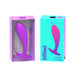 Purple silicone prostate massager displayed in clear packaging next to its turquoise and purple B Swish Bfilled Basic box.