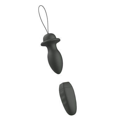 Black tapered personal plug with pull-string and matching wireless remote control on white background.