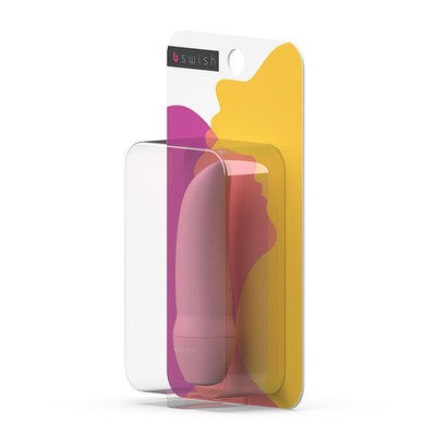B Swish Bmine Classic Curve compact pink massager in clear plastic packaging with colorful yellow and purple backing card.