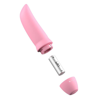 Pink B Swish Bmine Classic Curve compact massager with battery and cap separated on white background.