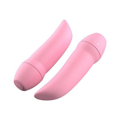 Pink compact curved personal massager with smooth silicone finish and single-button control, shown from two angles.
