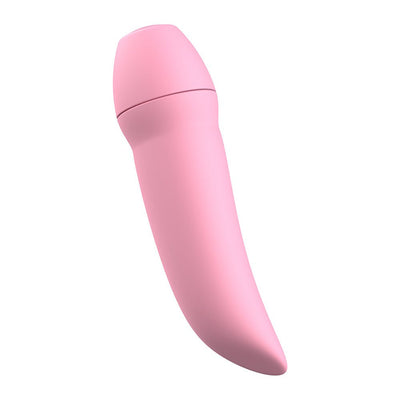 Pink curved compact personal massager with smooth silicone finish and tapered tip for targeted stimulation.