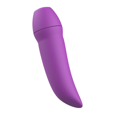 Compact purple curved personal massager with smooth matte finish and tapered tip for targeted stimulation.
