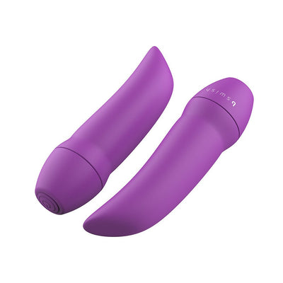 Compact purple curved personal massager with smooth matte finish and simple button control, shown from two angles.