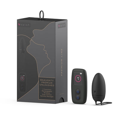 B Swish Bnaughty Premium Unleashed wireless remote and sleek black bullet massager with packaging box in dusk color scheme.