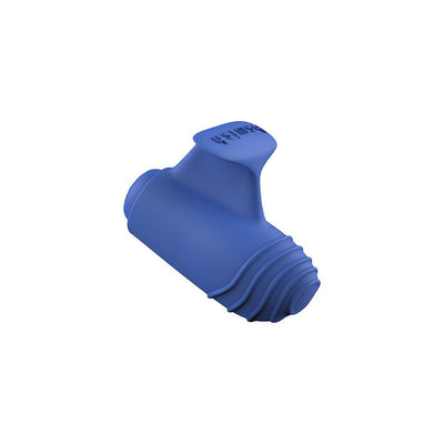 Compact blue silicone finger vibrator with textured ridges and flexible grip tab.
