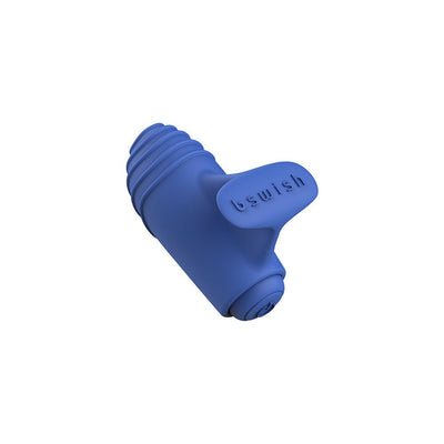 Compact blue silicone finger vibrator with textured ridges and flexible grip tab embossed with bswish logo.