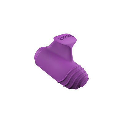 Compact purple silicone finger massager with textured ridges and flexible grip tab for targeted stimulation.