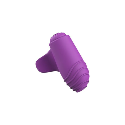 Compact purple silicone finger vibrator with textured ridges and flexible grip for targeted stimulation.