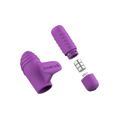 Purple B Swish Bteased Basic finger vibrator with textured ridges, shown disassembled with batteries and cap.