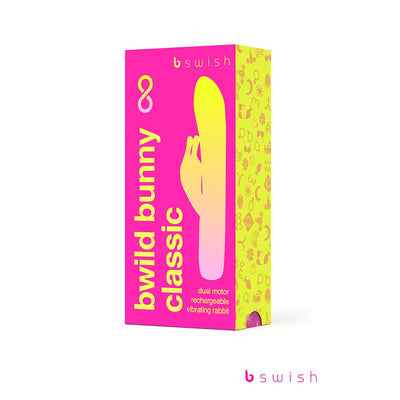 Bright pink and yellow packaging of Bwild Bunny Classic dual motor rechargeable vibrating rabbit by Bswish