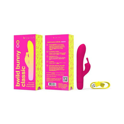 Bwild Infinite Classic Bunny vibrator in pink with dual motors, USB charging cable, and vibrant pink and yellow packaging.