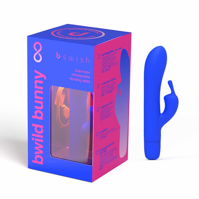 Blue Bwild Bunny Infinite Classic dual motor vibrator with packaging box in matching blue and pink colors.