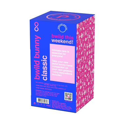 Packaging box of Bwild Infinite Classic Limited Edition Bunny in Pacific Blue with pink and white text and playful pattern on the side.