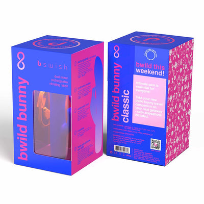 Packaging of Bwild Infinite Classic Limited Edition Bunny in vibrant blue and pink with product details and window display.