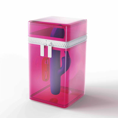 Bwild Infinite Classic Limited Edition Bunny vibrator in purple with USB charging cable inside a translucent pink storage case.