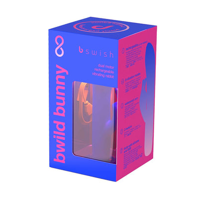 Packaging box of Bwild Bunny Infinite Classic dual motor rechargeable vibrating rabbit in blue and pink gradient design with product details.
