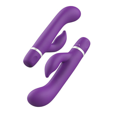 Two sleek purple silicone vibrators with curved designs and dual stimulation features shown on a white background.