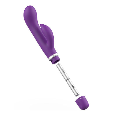 Purple dual-stimulation vibrator with detachable cap and two AAA batteries shown separately on white background.
