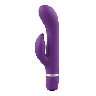 Purple dual-stimulation vibrator with curved head and external tickler, smooth silicone finish and silver accent ring.