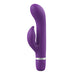 Purple dual-stimulation vibrator with curved head and external tickler, smooth silicone finish and silver accent ring.