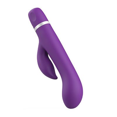 Purple silicone dual-stimulation vibrator with curved design and silver accent ring.